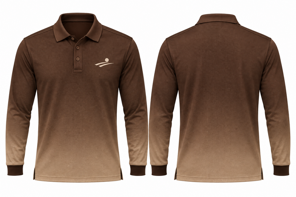 Fairway Shade brown sand gradient long-sleeve polo, front and back
