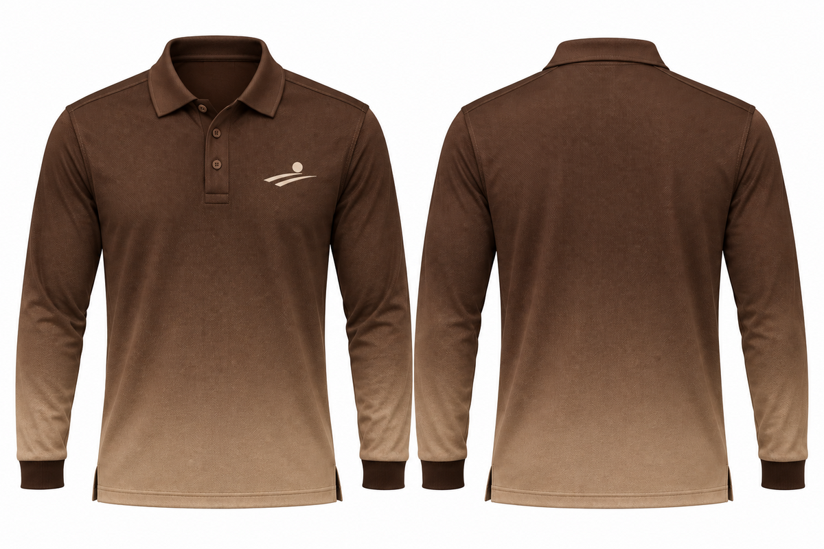Fairway Shade brown sand gradient long-sleeve polo, front and back