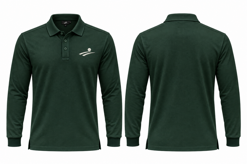 Fairway Shade forest green long-sleeve polo, front and back