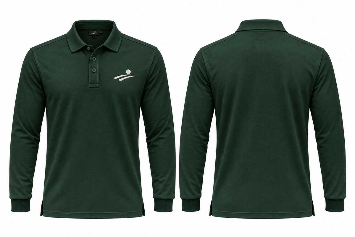 Fairway Shade forest green long-sleeve polo, front and back
