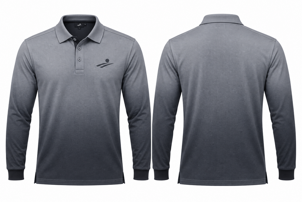 Fairway Shade grey charcoal gradient long-sleeve polo, front and back