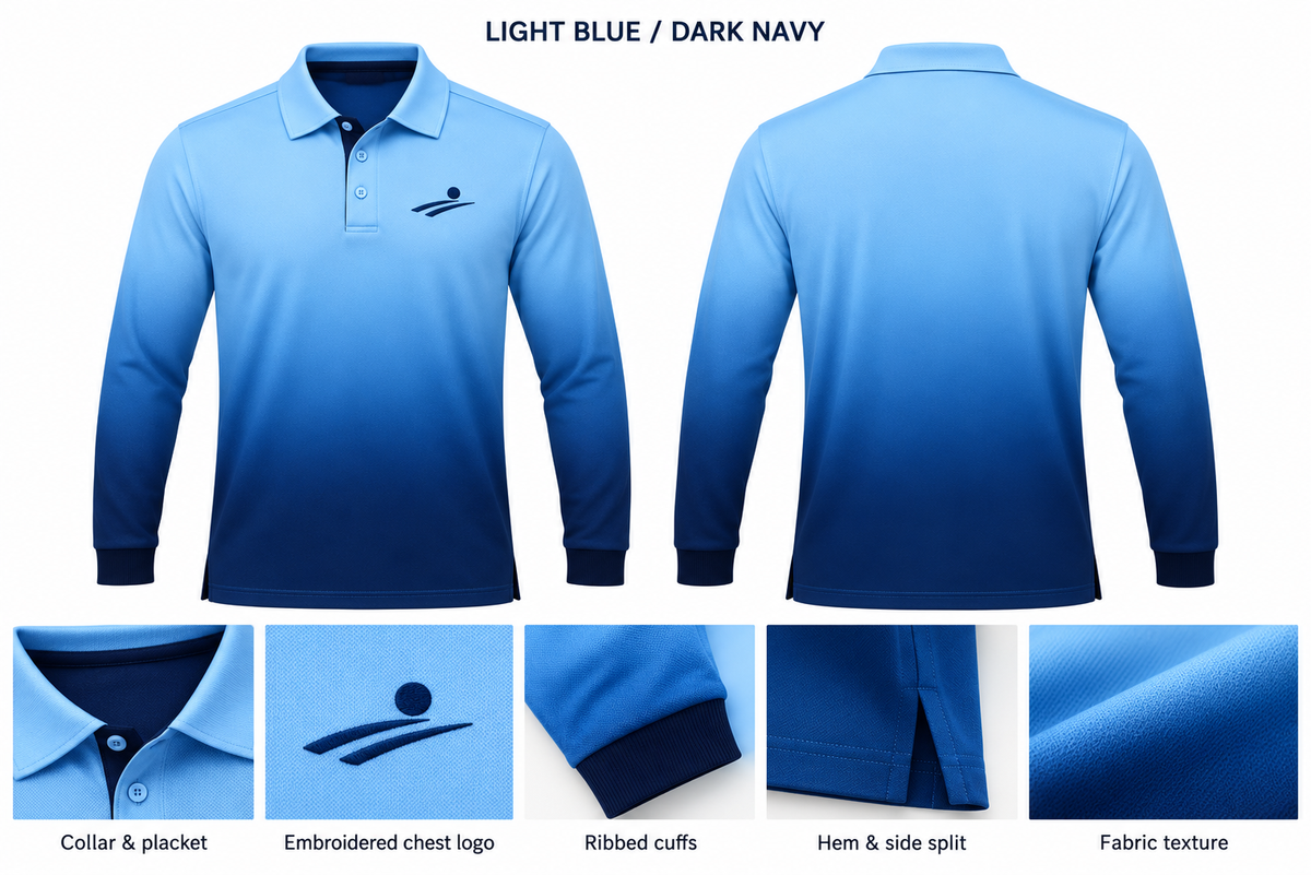 Light blue to dark navy golf polo design mockup with collar, embroidery, ribbed cuffs, hem and fabric texture details