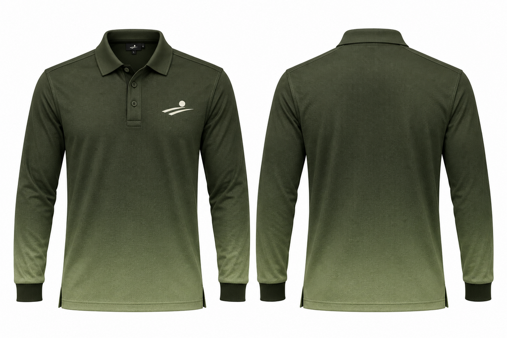 Fairway Shade olive gradient long-sleeve polo, front and back