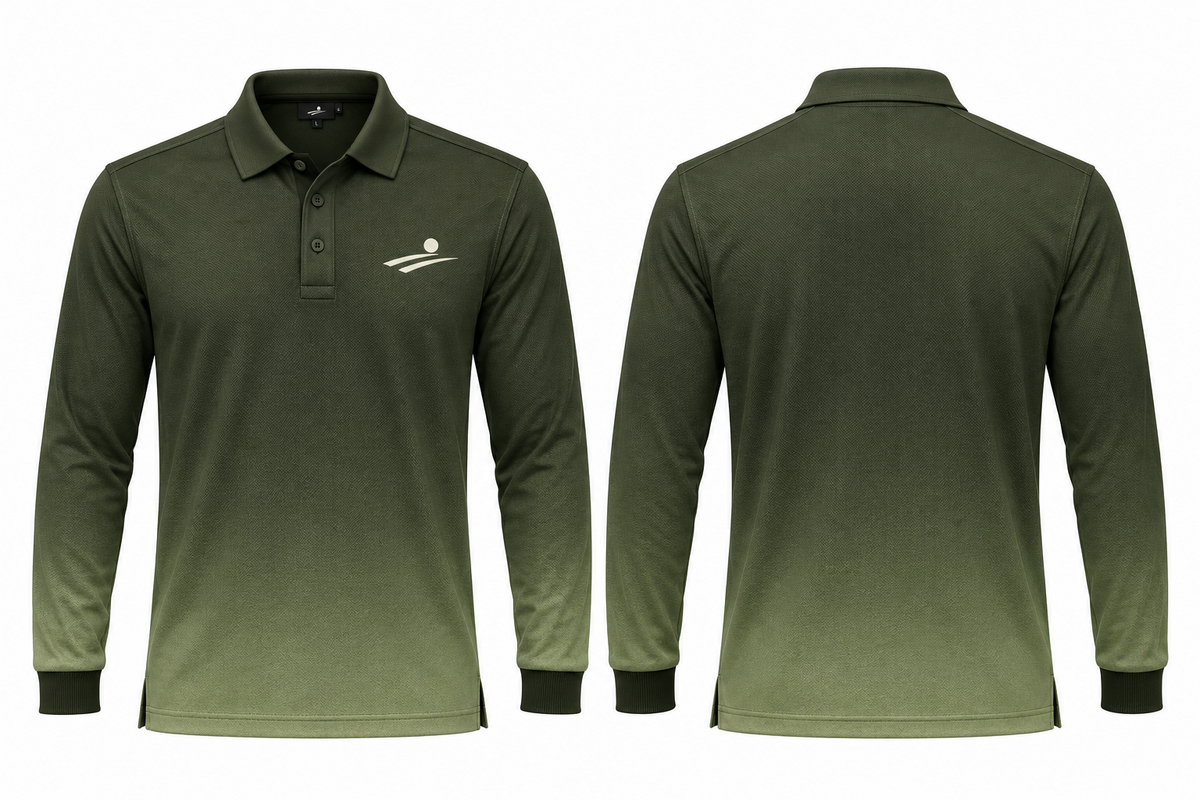 Fairway Shade olive gradient long-sleeve polo, front and back