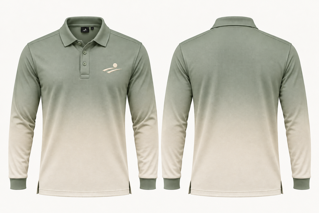 Fairway Shade plain sage to sand two-tone long sleeve golf polo, front and back