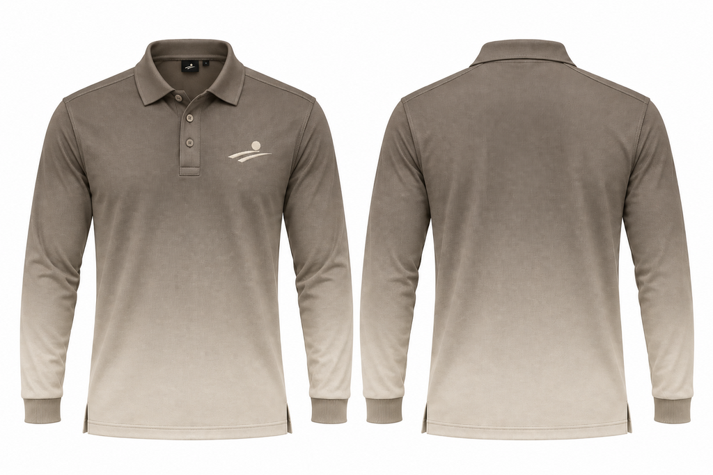 Fairway Shade taupe sand gradient long-sleeve polo, front and back
