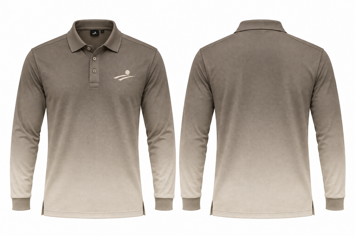 Fairway Shade taupe sand gradient long-sleeve polo, front and back