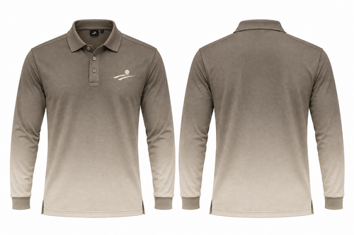 Fairway Shade taupe sand gradient long-sleeve polo, front and back